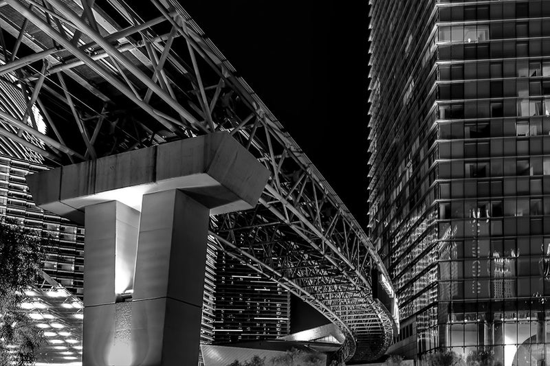 Black and white photo of monorail system in Las Vegas' Center City.