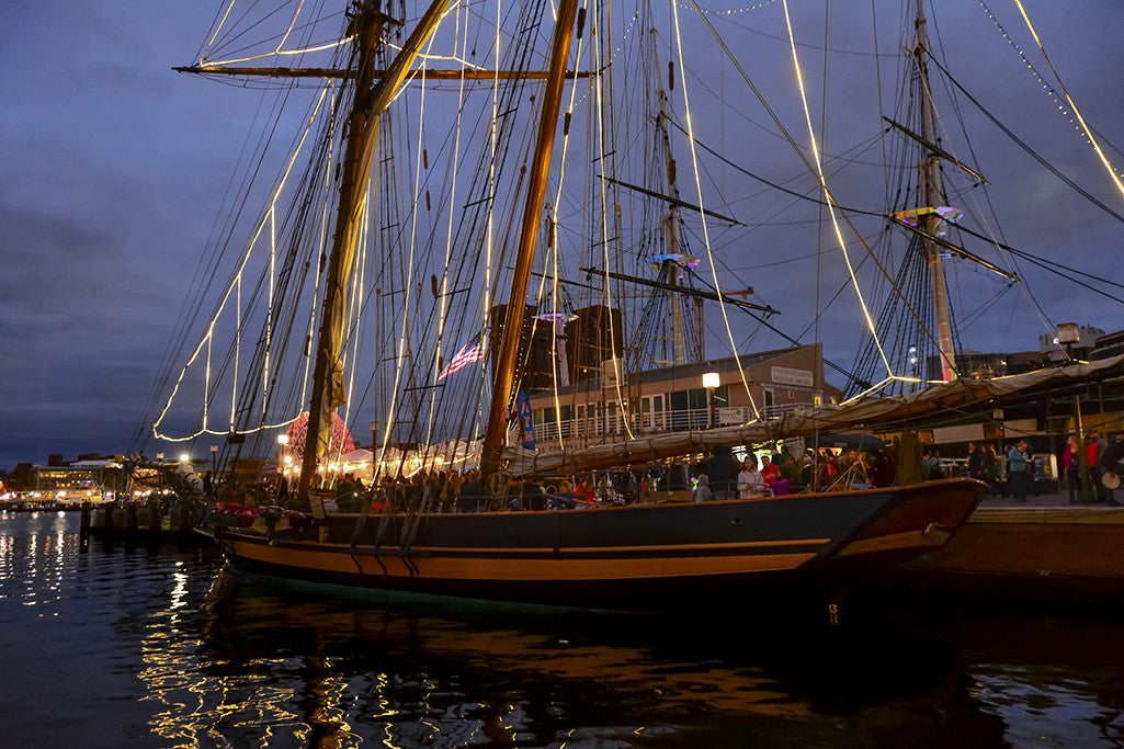 The Pride of Baltimore II, docked at Baltimore's inner harbor during an evening in the Spring of 2017.