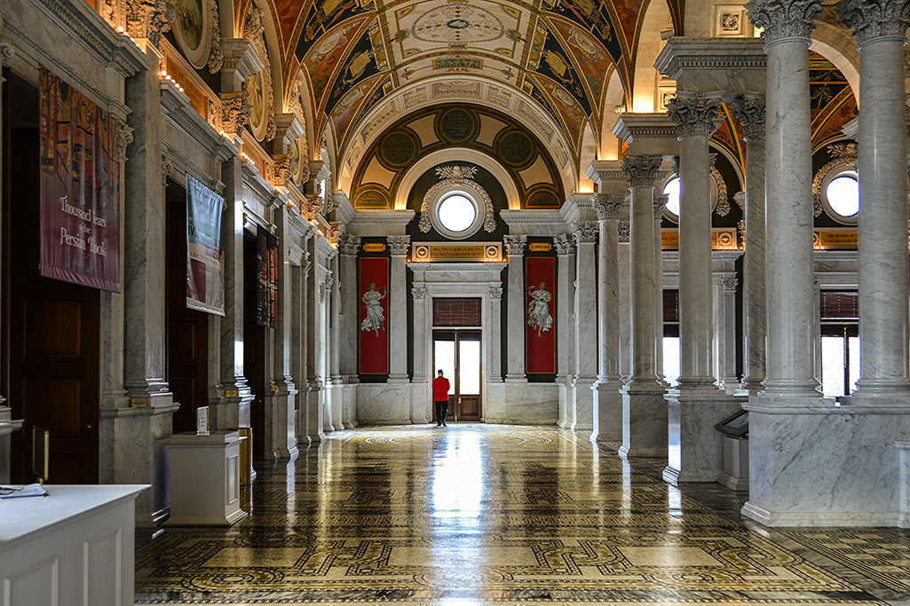 Inside the Jefferson Building in Washington DC, an ornately decorated hallway of the Library of Congress.