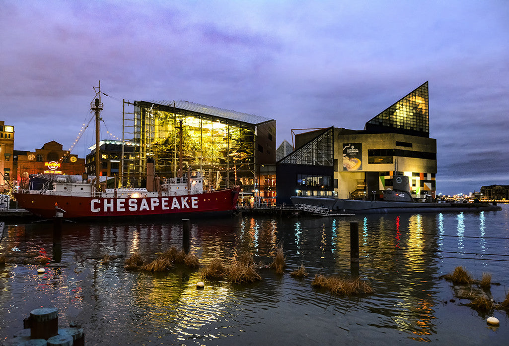 A view of the Baltimore Harbor, featuring the historic Lightship 116 Chesapeake.