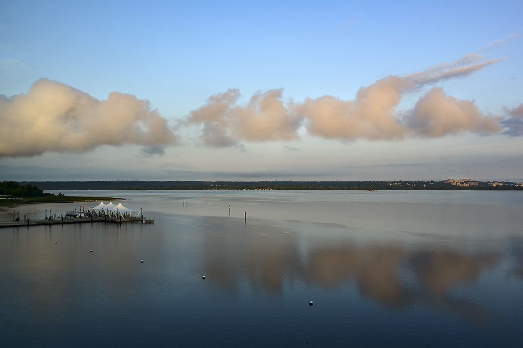 On a calm morning, a view of the Potomac River from the National Harbor in Oxon Hill, Maryland.