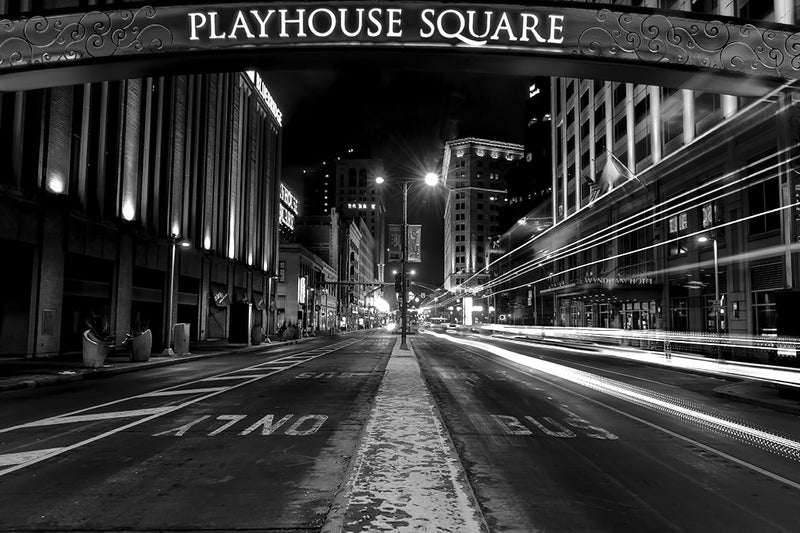Black and white fine art photograph of downtown Cleveland's Playhouse Square.