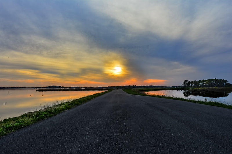 A perimeter road within the Blackwater National Wildlife Refuge leads to a setting sun.