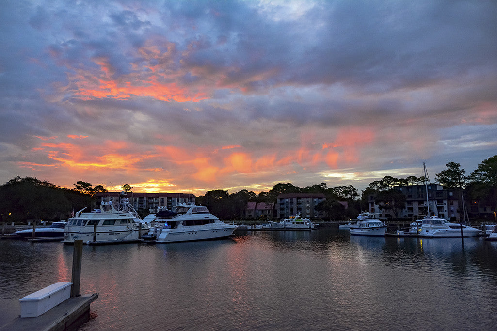 A colorful sunrise at the Shelter Cove Harbour on Hilton Head Island.